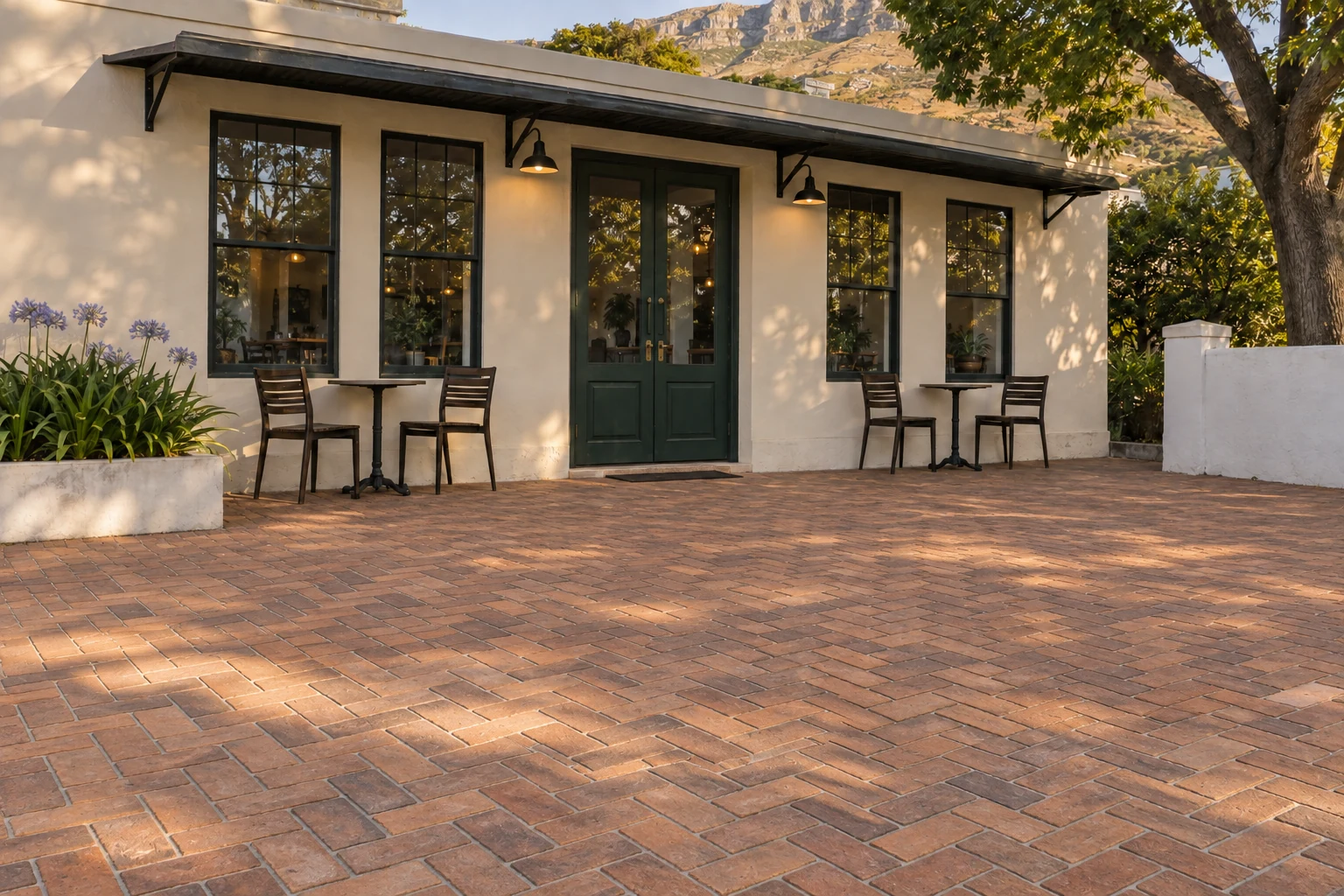 Generated after view of the same café terrace with warm clay brick paving