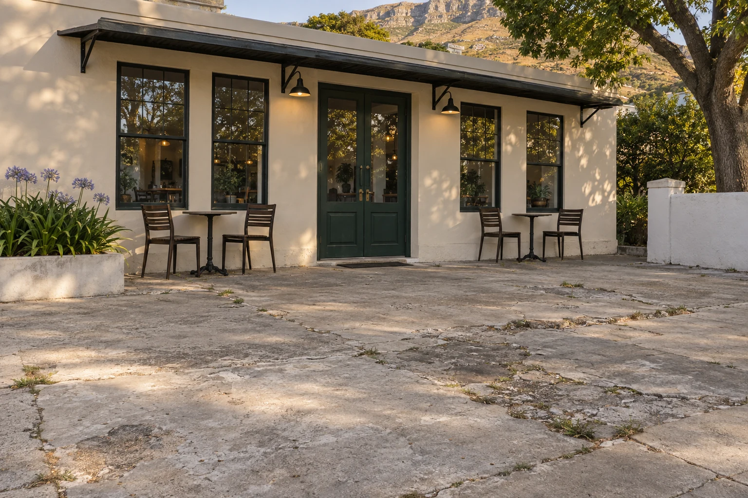 Generated before view of a worn concrete café terrace at a fictional Cape Town café