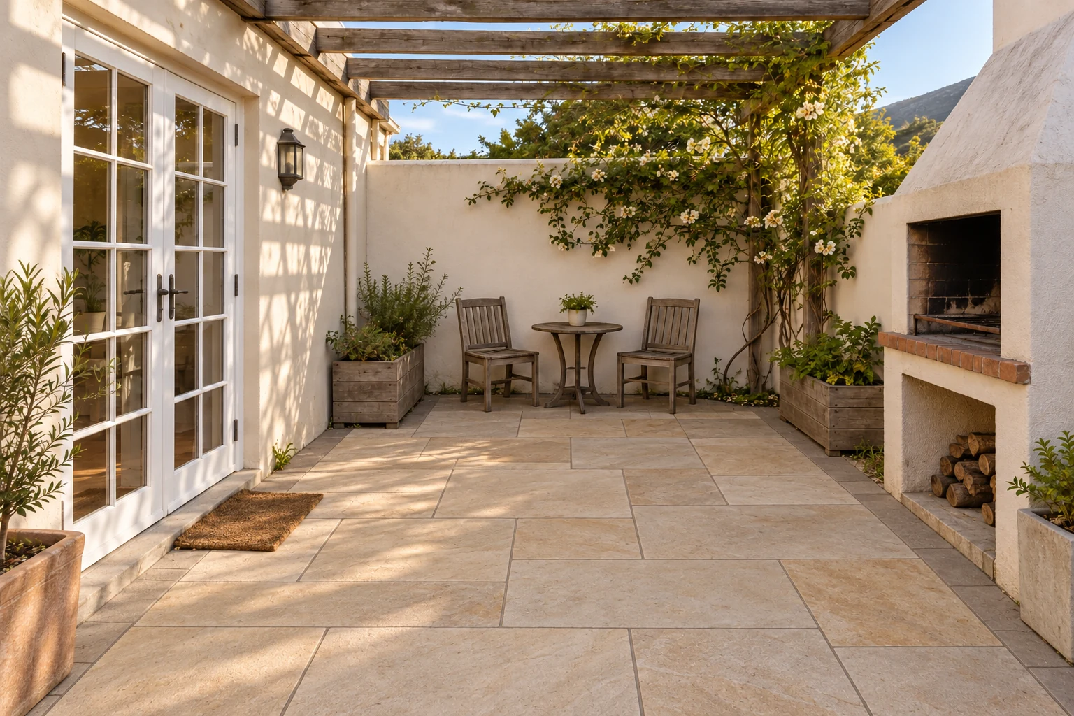 Generated view of the same fictional courtyard with pale textured paving slabs