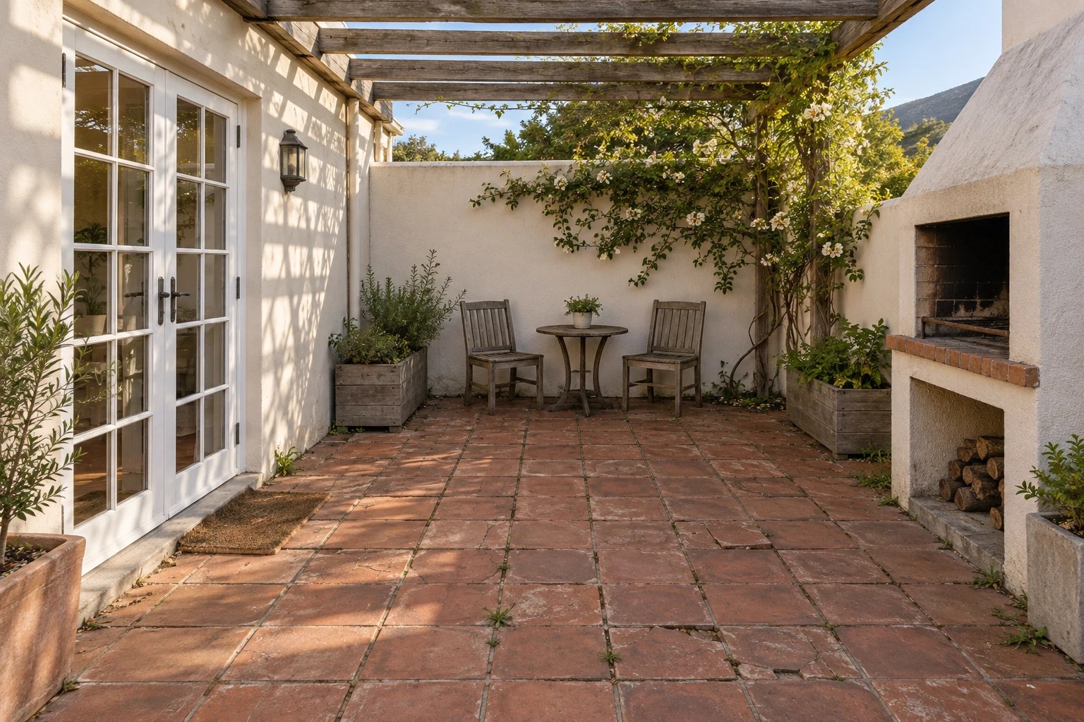 Generated view of worn red patio tiles beneath a fictional pergola