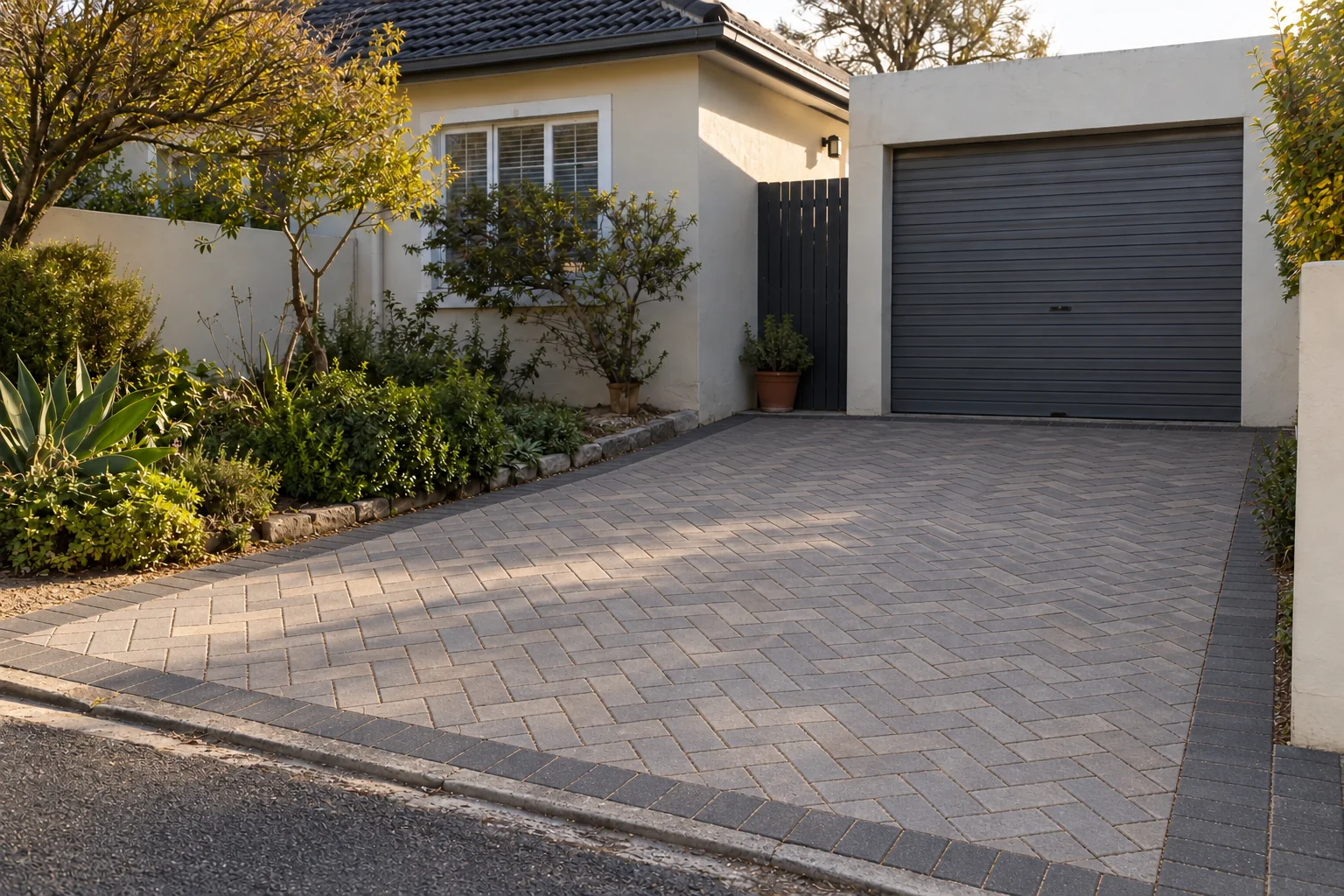 Generated view of the same fictional house with grey paving and dark border