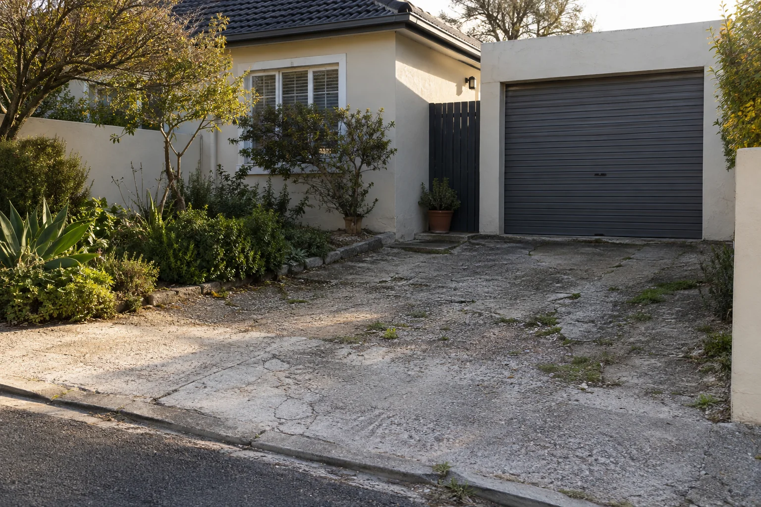 Generated view of an older driveway surface at a fictional house