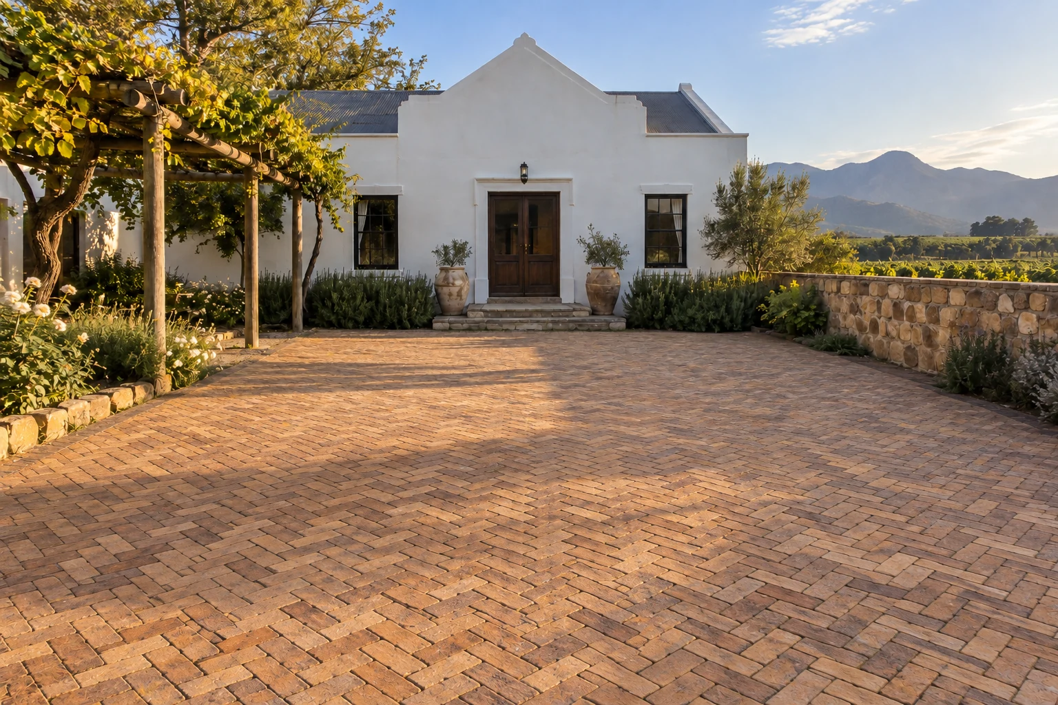 Generated after view of the same farmhouse entrance with warm clay brick paving