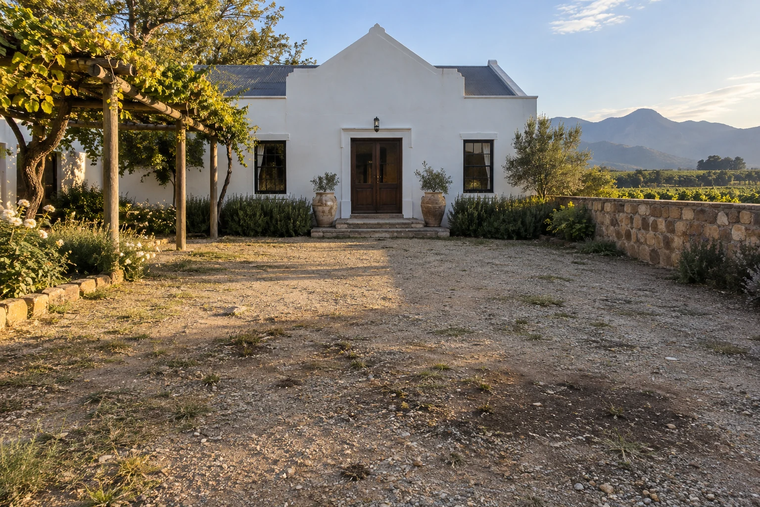Generated before view of a gravel court outside a fictional Winelands farmhouse