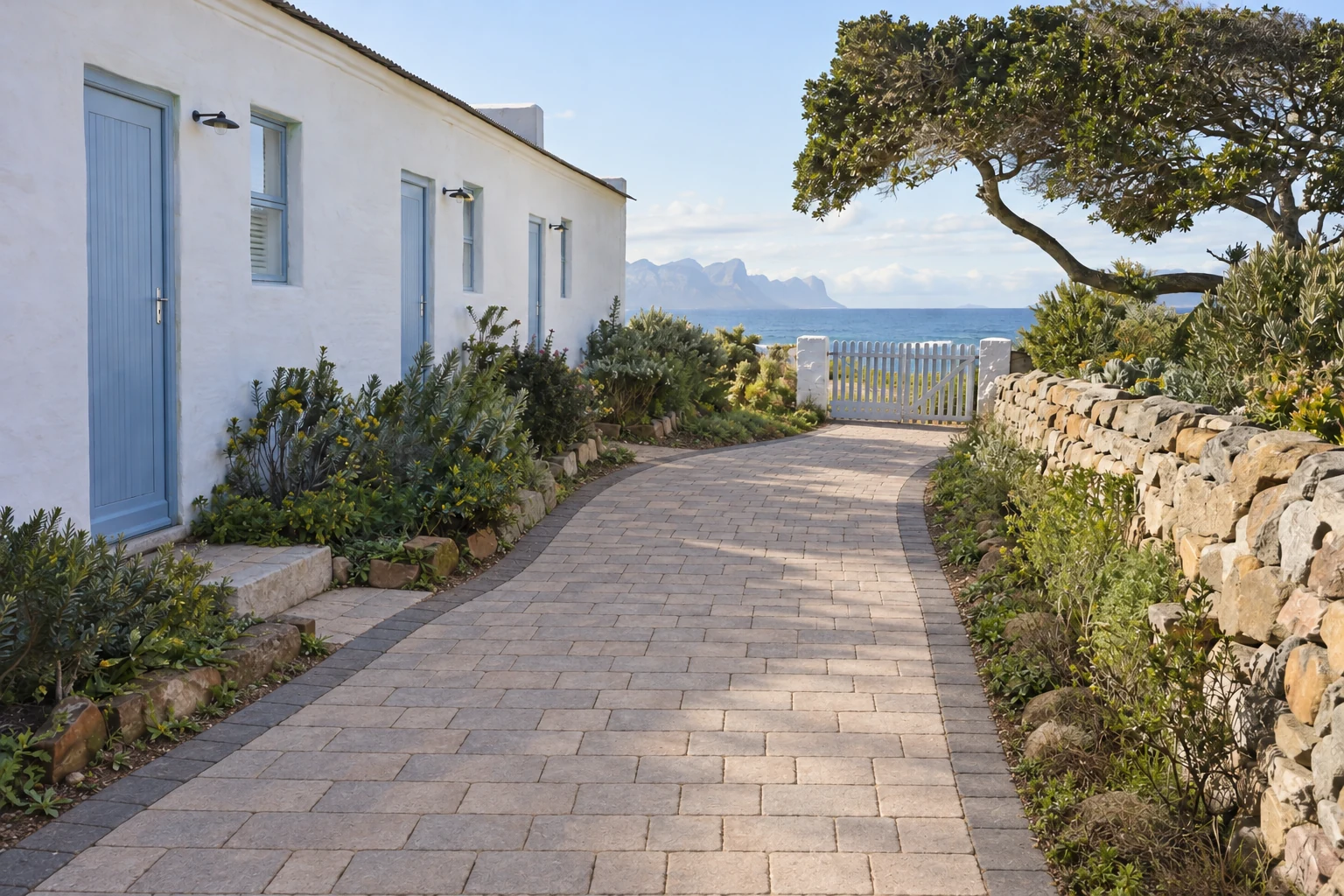 Generated after view of the same guesthouse path with light paving and a dark edge