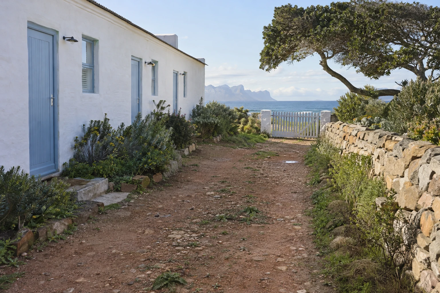 Generated before view of a bare earth path beside a fictional coastal guesthouse