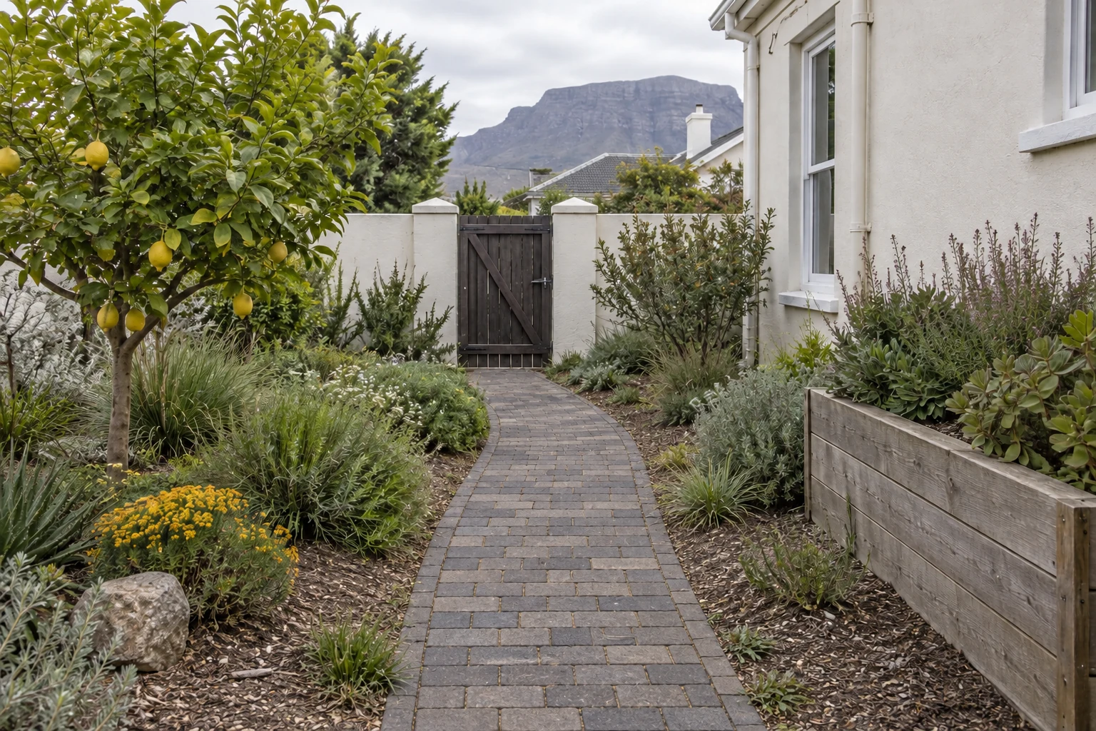 Generated view of the same fictional garden with a charcoal brick path