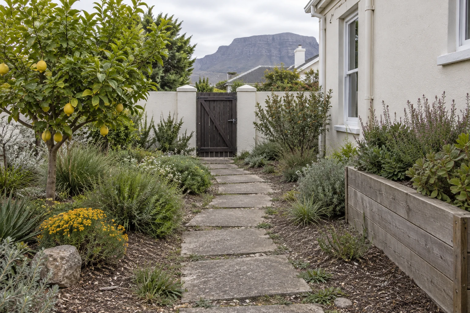 Generated view of worn garden stepping slabs leading to a fictional timber gate