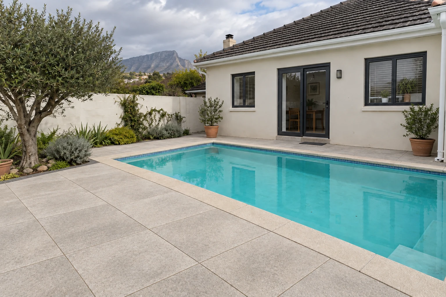 Generated view of the same fictional pool with light textured paving slabs