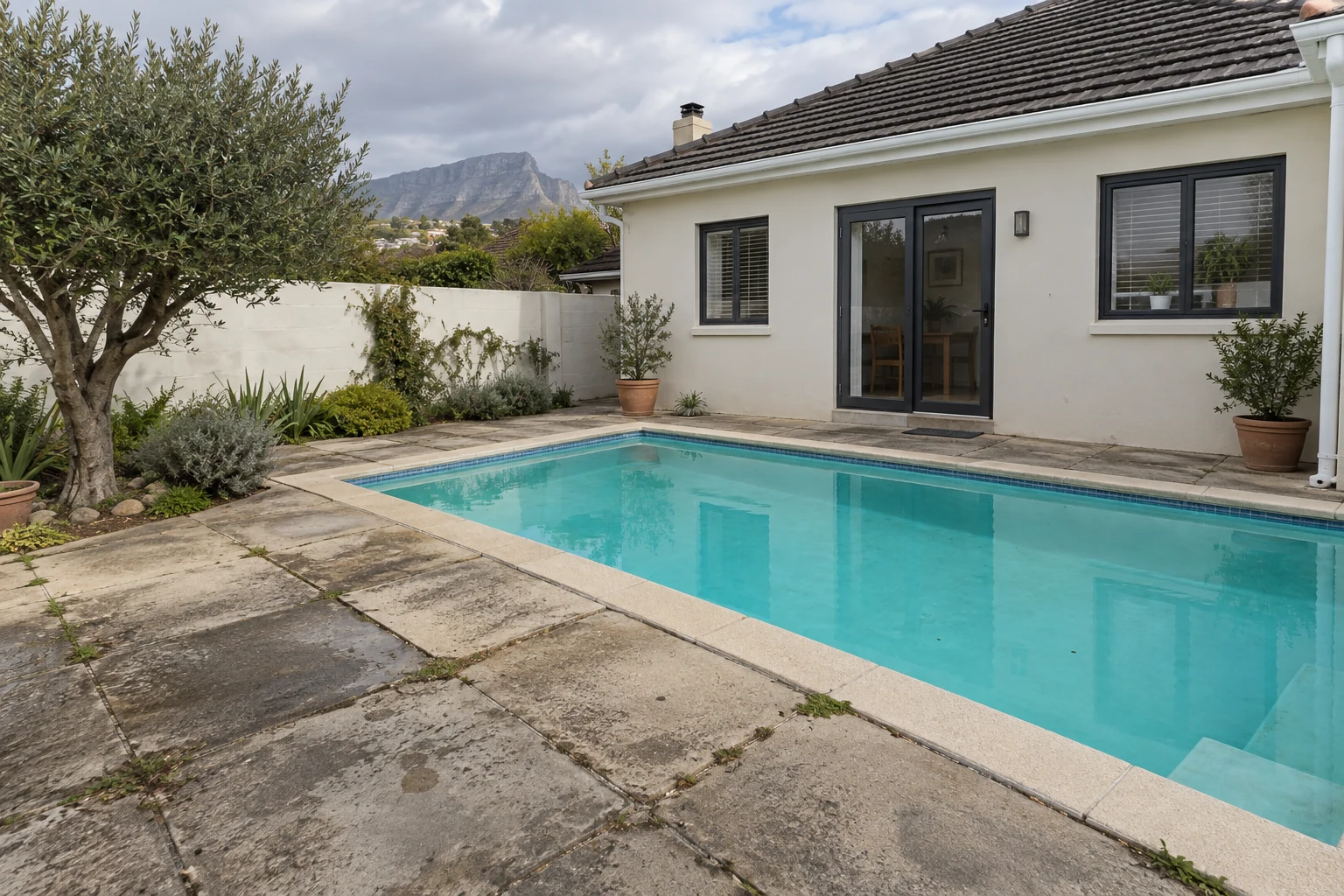 Generated view of worn concrete slabs beside a fictional Cape Town swimming pool