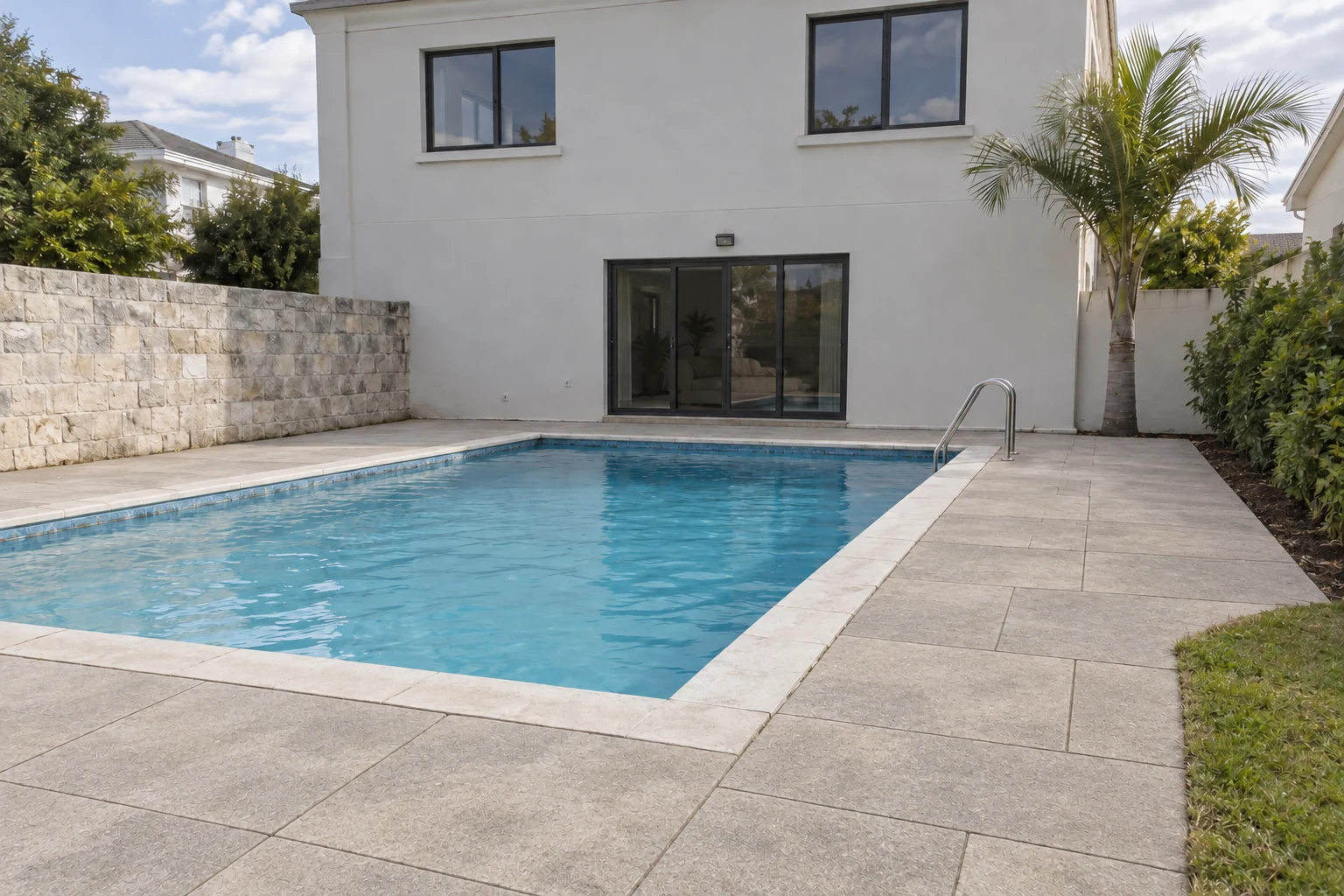 Generated after view of the same pool deck with textured pale paving slabs