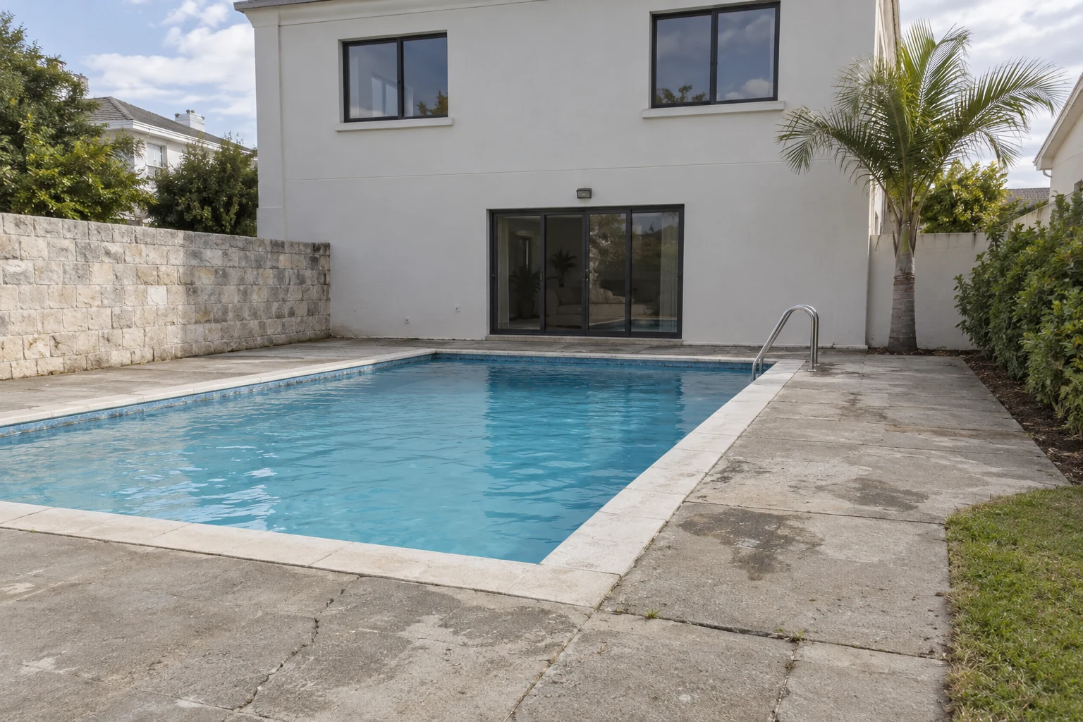 Generated before view of a stained concrete deck around a fictional Cape Town pool