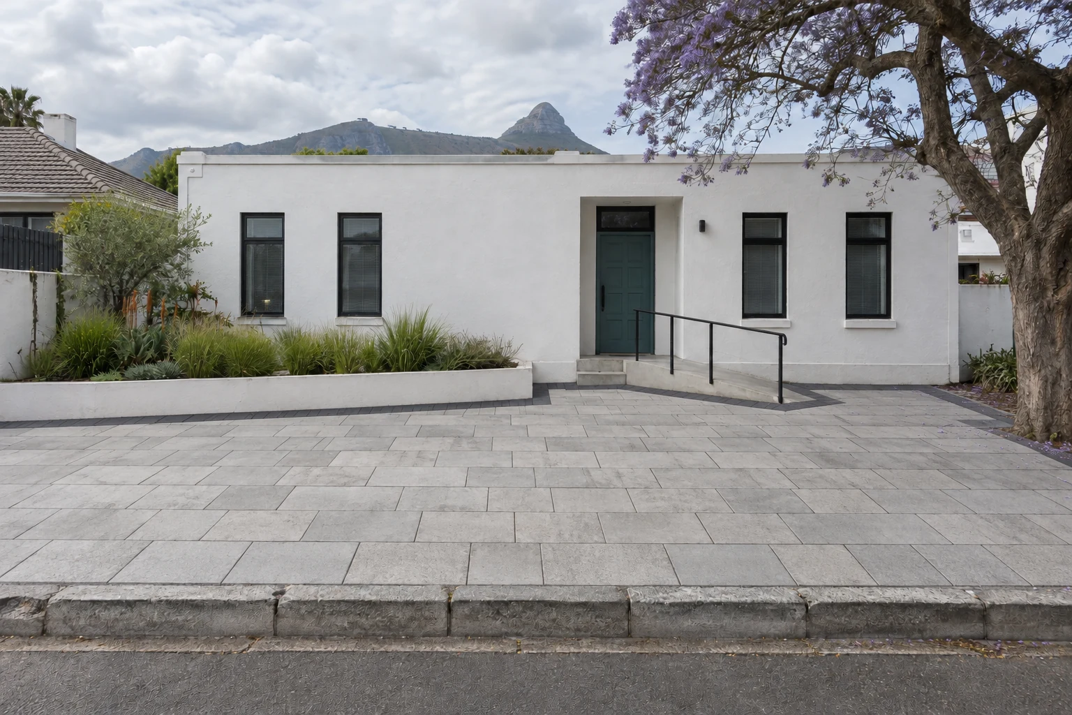 Generated after view of the same pedestrian forecourt paved in light grey slabs