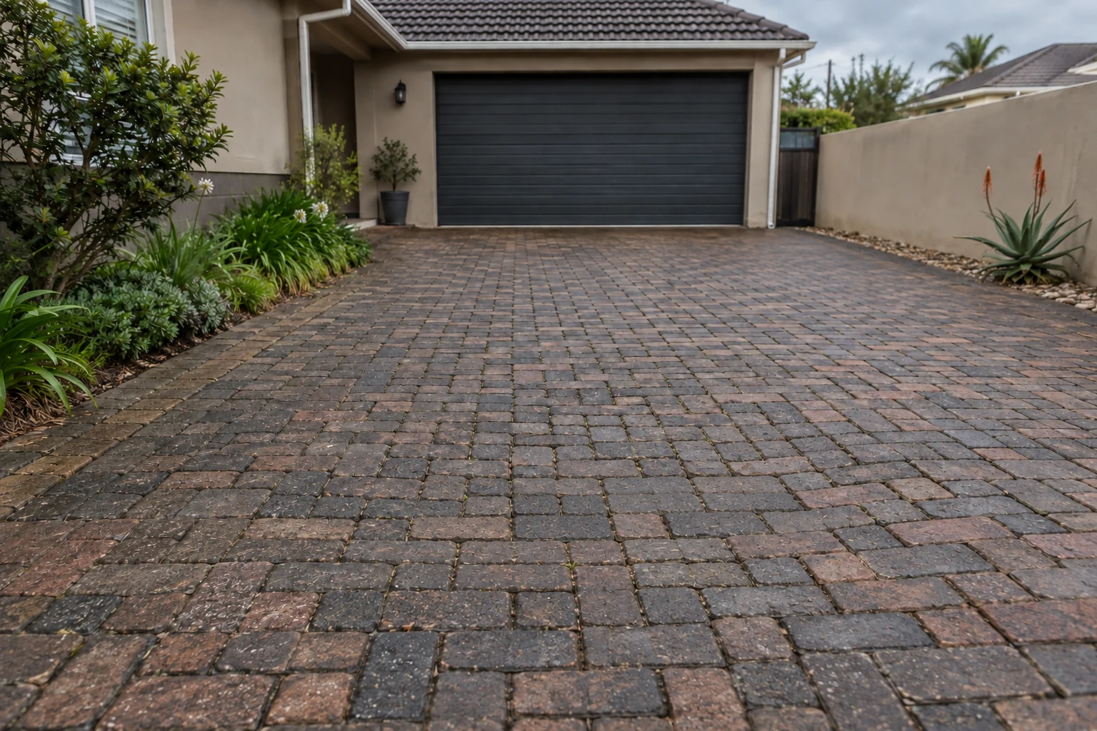 Generated view of the same fictional driveway after localized pavers are relaid level