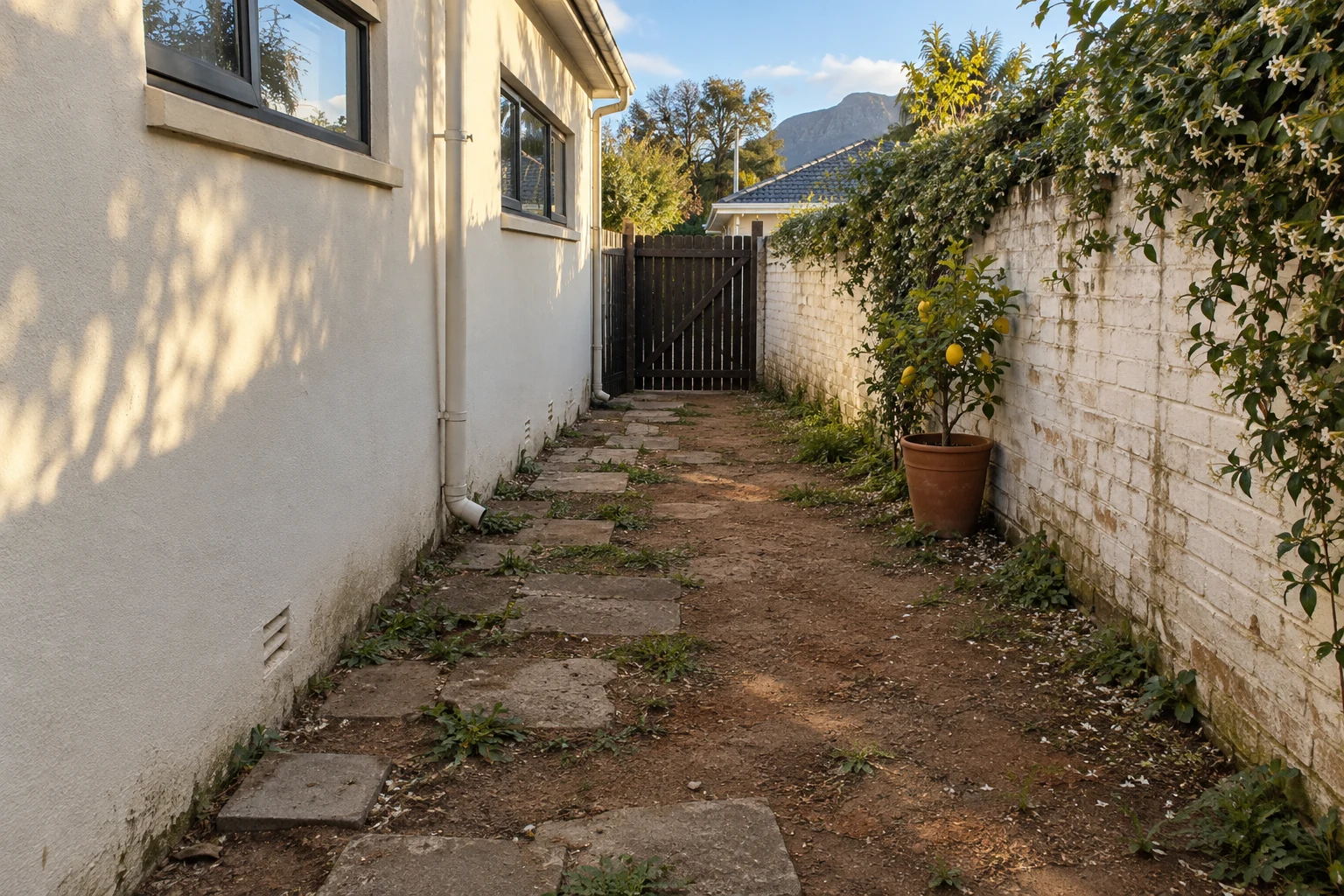 Generated before view of a dirt side passage with mismatched stepping stones